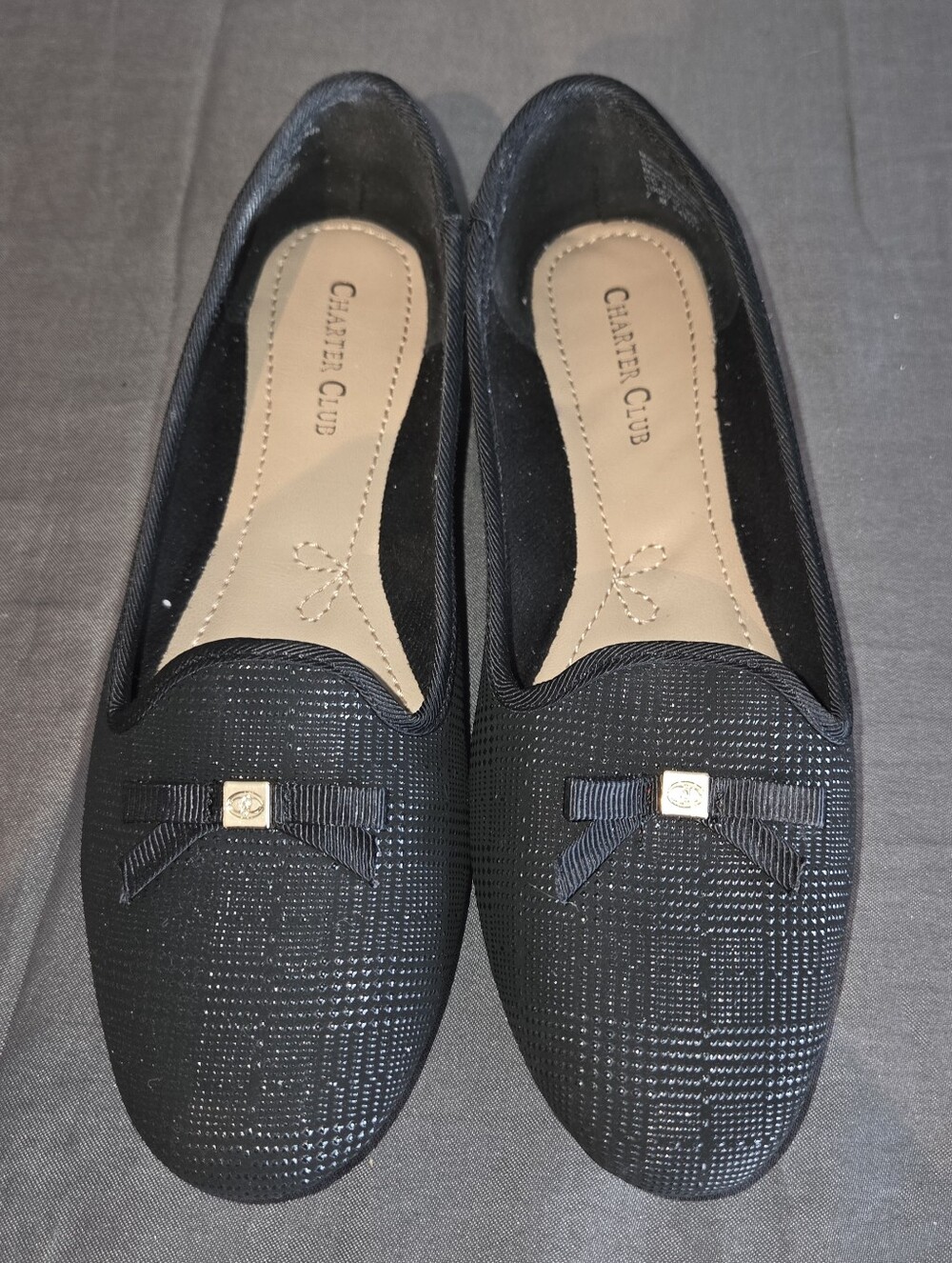 Charter Club Black Textured Bow Slip-On Flats - 7M